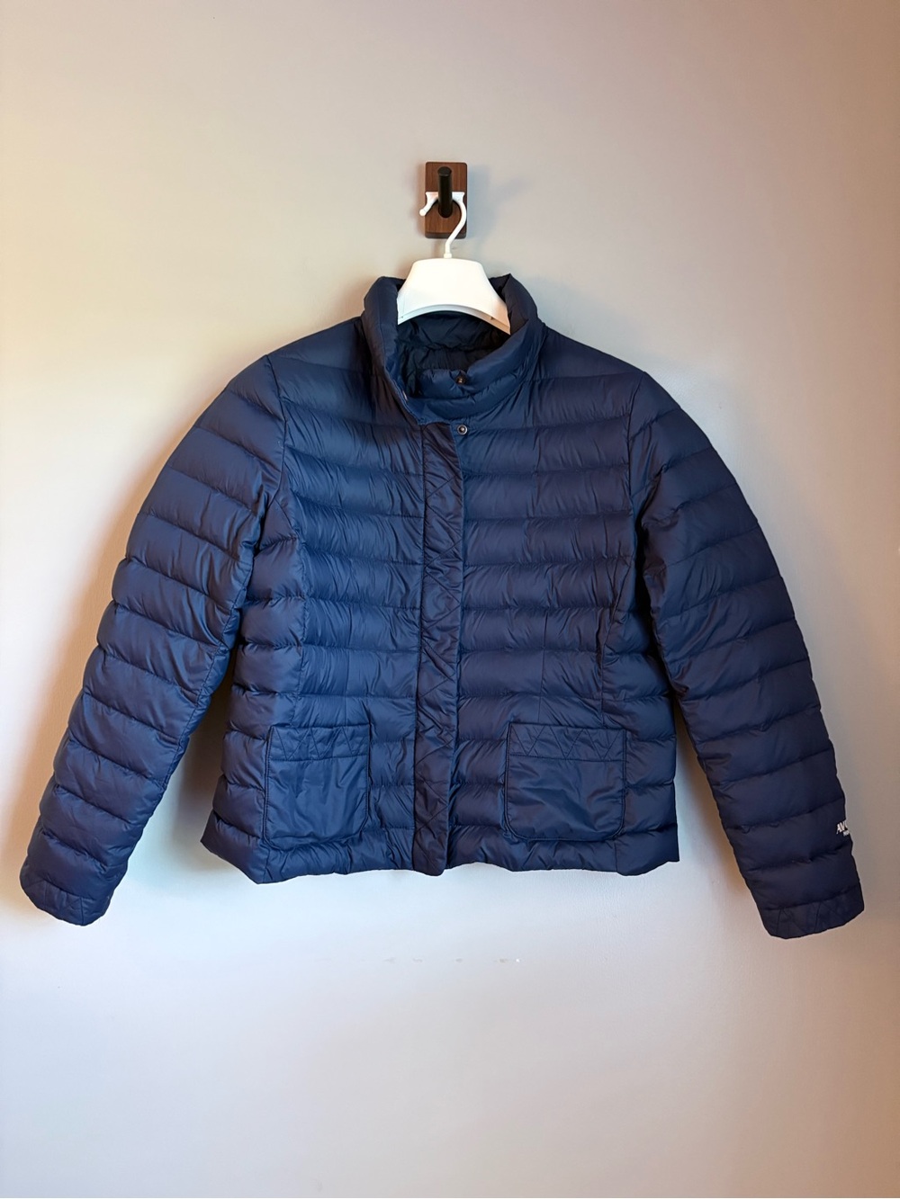 Lands' End Navy Blue Down Puffer Jacket Stand Collar Quilted Large 14-16